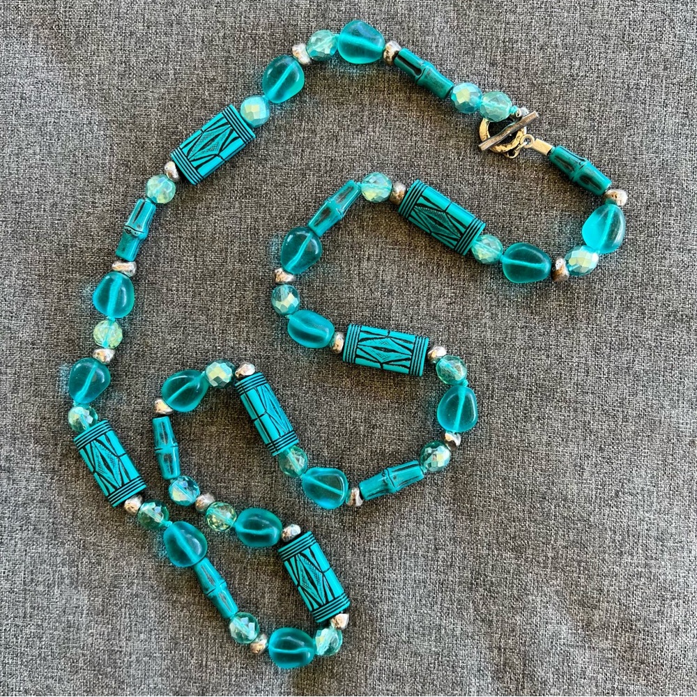 Turquoise Color Glass and Plastic Beaded 34” Long Necklace